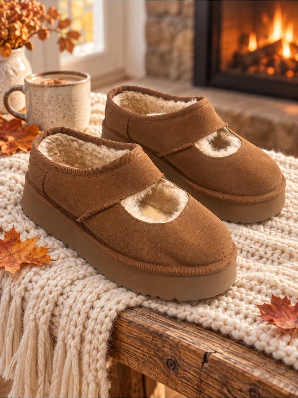 UGG Bea Mary Jane Chestnut Suede Shearling Platform Shoes
